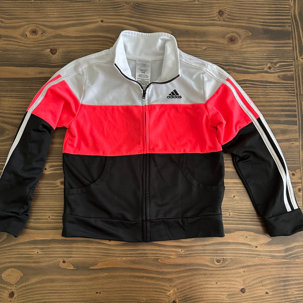 Girls Adidas Track Jacket Neon Pink Black White Size S (7/8) Full Zip